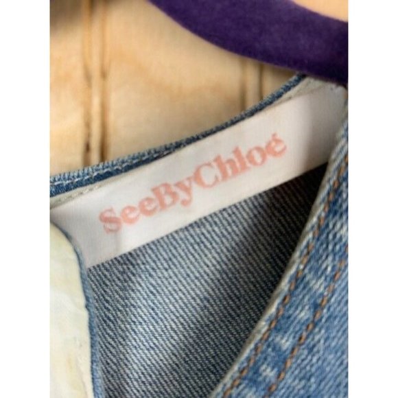 See By Chloe Size 36 Womens Denim Dress Stone Wash 3/4 Sleeve Drop Waist - Picture 3 of 4